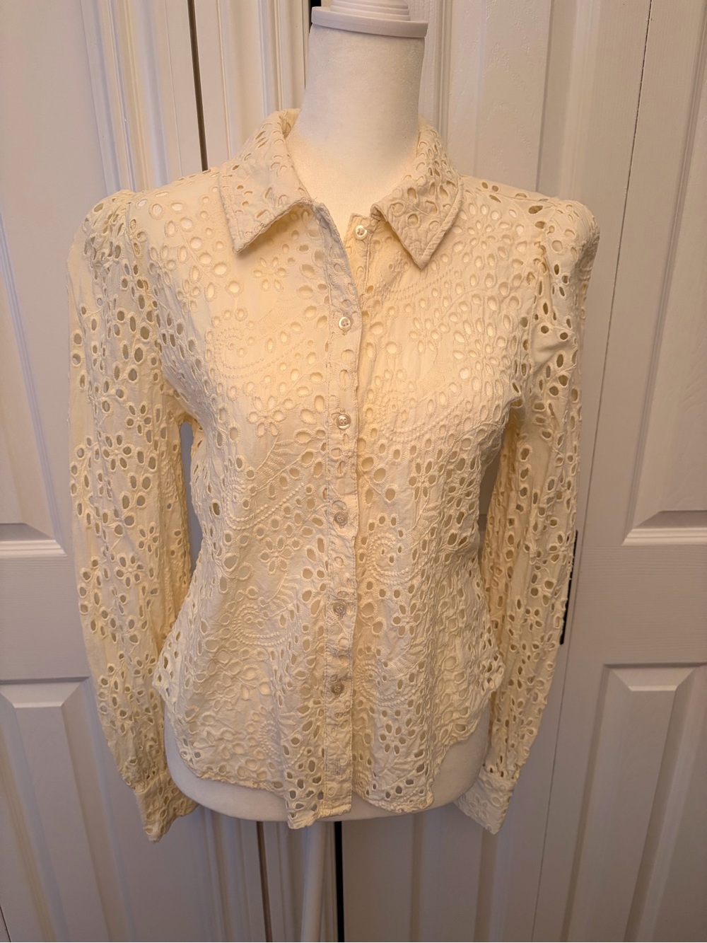 Women's Cream/ very pale Yellow Eyelet Button-Front Shirt